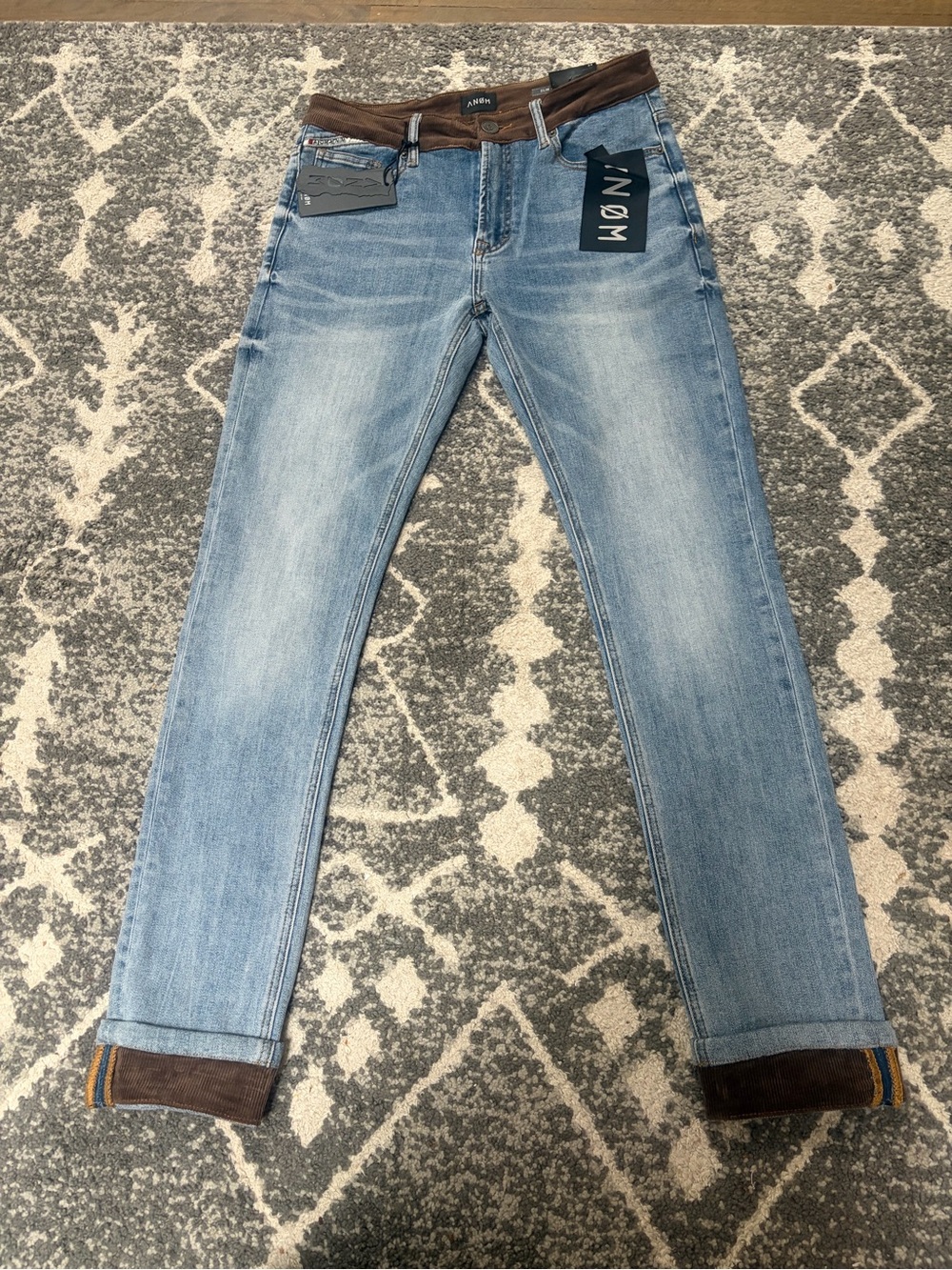 Light Blue Men's Slim Jeans with Brown Trim